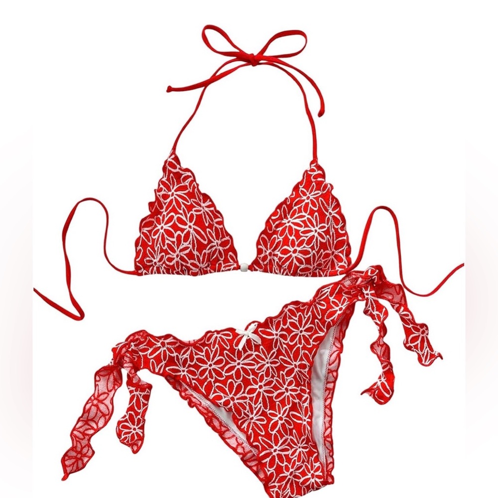 Red Floral Embroidered Bikini Set | Triangle Top Tie Side Bottom  Swimsuit